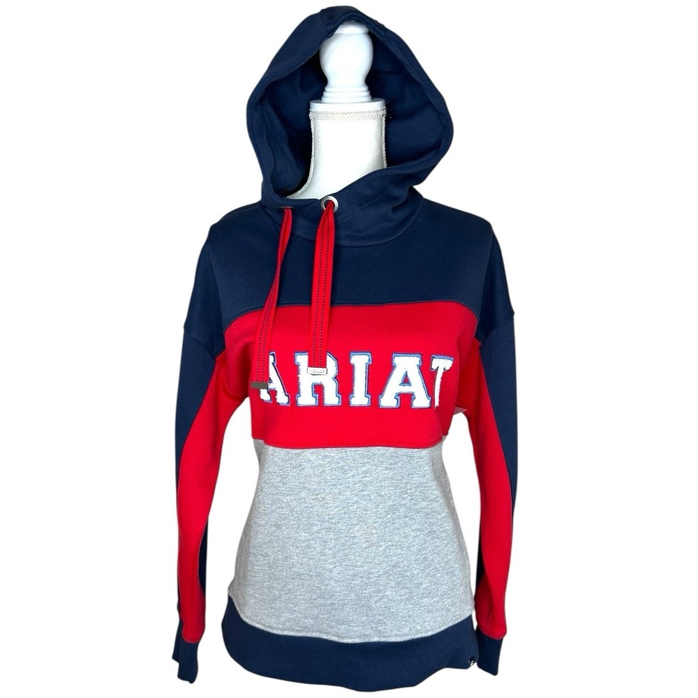 Ariat Women's Medium Rabere Team Hoodie Sweatshirt Navy Red Colorblock Workwear - Picture 2 of 13